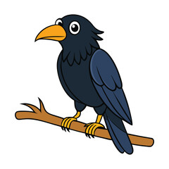 A sleek raven perched on a twisted branch, its glossy feathers shimmering in the light, gazing out with sharp, intelligent eyes amidst a quiet, misty landscape.