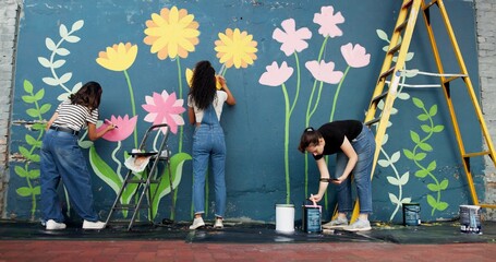 Artist, women and painting mural on wall for sustainable awareness, environmental activism or...