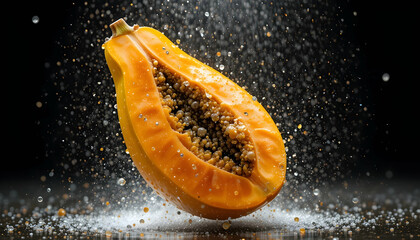 Fresh papaya half in mid-air, surrounded by water droplets.  Pulp is visible inside, speckled with seeds.  Dark background