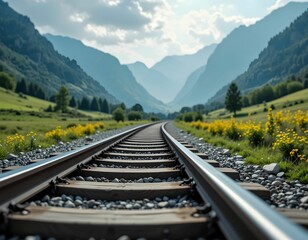 Fototapeta premium railway tracks through green valley with mountains and wildflowers under cloudy sky 