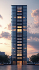 modern high rise building with sleek glass facade, illuminated sunset, exuding elegance