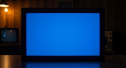 Old TV with Blue Screen Displaying in Dark Room