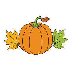 Watercolor pumpkin with vibrant autumn leaves in warm orange, red, and yellow hues—capturing the cozy, rustic charm of fall in a soft, artistic style.