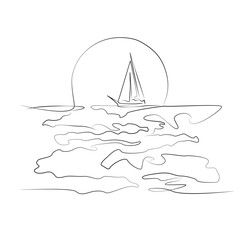 One continuous single drawing line art flat doodle water, sea, yacht, sun, sky, ship, nature. Isolated image hand draw contour on a white background, hand drawn, not AI