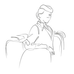 One continuous single drawing line art flat doodle travel, transportation, smiling, boarding, uniform, passenger, stewardess. Isolated image hand draw contour on a white background, hand drawn, not AI