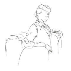 One continuous single drawing line art flat doodle travel, transportation, smiling, boarding, uniform, passenger, stewardess. Isolated image hand draw contour on a white background, hand drawn, not AI