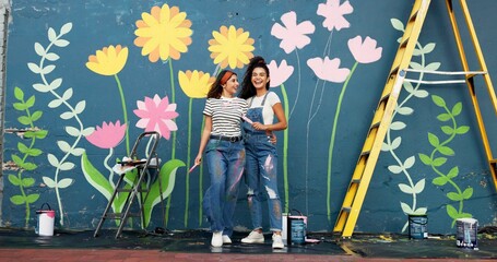 Outdoor, friends and women with wall art, smile and help for community service, confident and...
