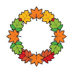 A vibrant wreath made from colorful autumn leaves in shades of red, orange, and yellow, arranged in a circle, celebrating the beauty of the fall season.
