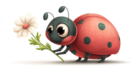 Fototapeta premium An eye-catching stock photo of happy ladybug character with floral prop, ideal for creative, commercial, or editorial purposes.