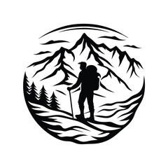Hiker with Backpack Silhouette Ascending Mountain Trail with Trees in Circular Outline