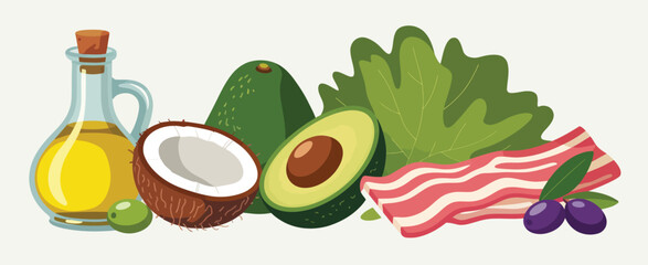 Ketogenic Diet Food Illustration with Avocados Coconut Oil and Bacon