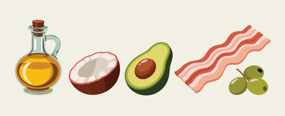 Healthy Fats Sources Coconut, Avocado, Bacon, Olives and Oil