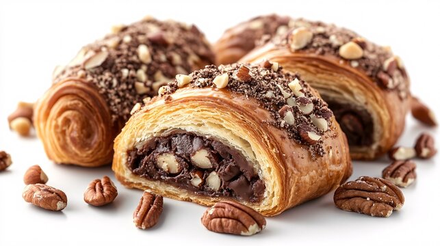 pain au chocolat sprinkled with nuts Photography white back background