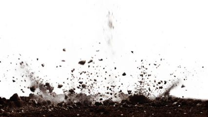 Dynamic explosion of dirt and debris isolated on white background PNG