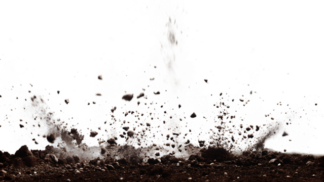 Dynamic explosion of dirt and debris isolated on white background PNG