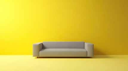 Grey sofa against yellow wall, minimalist interior design, home decor, website banner