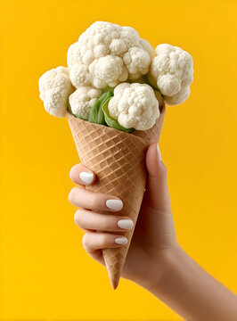 Naklejki A creative twist on dessert, this image features a hand holding an ice cream cone filled with fresh cauliflower, set against a bright yellow background.
