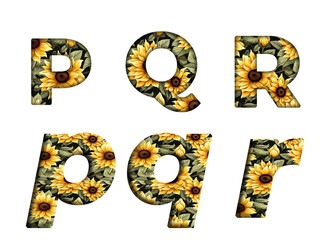 Sunflower Seamless Pattern P, Q, R  word alphabet letter text english font  