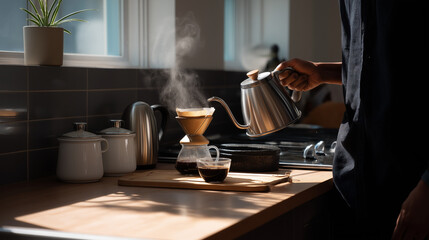 Fototapeta premium Coffee brewing in a bright morning kitchen