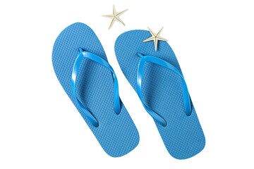 Bright blue flip-flops and starfish represent summer vacation vibes, isolated on white, PNG