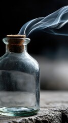 Empty glass bottle with cork and rising smoke
