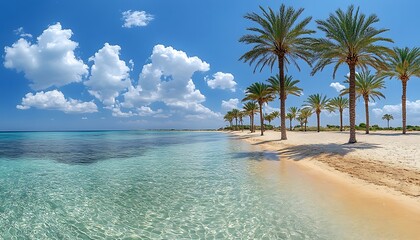 Pristine beach, turquoise water, palm trees, sunny sky