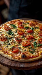 Close-Up of a Mouthwatering Margherita Pizza Topped with Fresh Tomatoes and Basil on Wooden Board