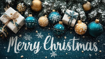 Festive Christmas decor with gifts, ornaments, and snow