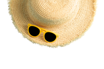 Sunglasses and a sun hat are ideal accessories for summer travel, isolated on white, PNG