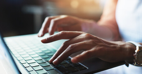 Woman, hands and typing on laptop for email, connectivity and business planning with research....