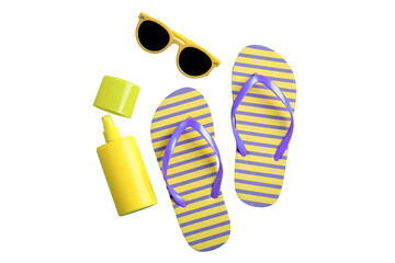 Summer travel needs bright flip flops and sunscreen, isolated on white, PNG