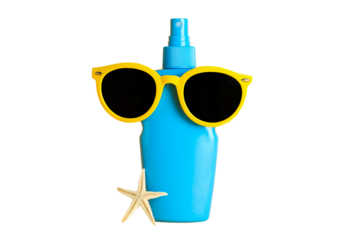 Sunscreen bottle, sunglasses, and starfish evoke summer vibes, isolated on white, PNG
