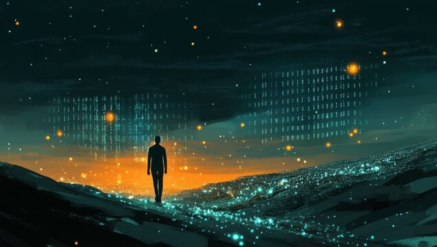 Solitary Figure Walking Towards Glowing Cityscape Under Starlit Night Sky