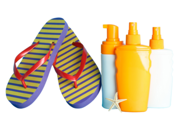 Vibrant flip flops and sunscreen bottles ready for summer fun, isolated on white, PNG