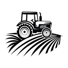 Black Tractor Silhouette on a Field, Monochrome Farm Vehicle on White, Field Pattern