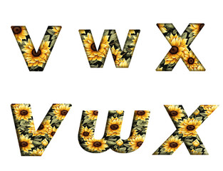 Sunflower Seamless Pattern V, W, X  word alphabet letter text english font  