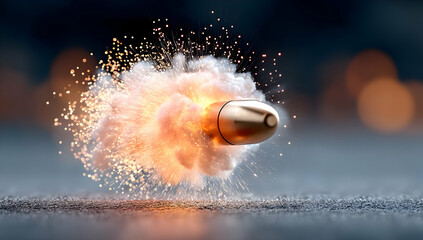 A high-speed capture of a bullet emerging from fire and smoke, demonstrating the powerful dynamics of firearms and ballistics in action.