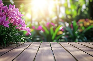 Wooden tabletop with vibrant purple flowers in a lush garden setting Sunlight streams through the foliage