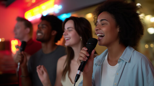Friends Having Fun Karaoke in Neon-lit Room with Microphones