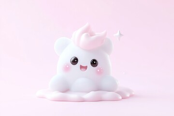 Cute, stylized cloud-like creature, sitting on a cloud, with pink highlights, cheerful expression, and sparkling effect