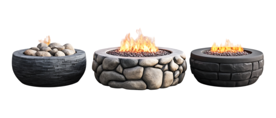 Set of Round Stone Gas Fire Pits in Five Different Poses on Transparent Background for Outdoor Design, Backyard Decor, or Patio Marketing