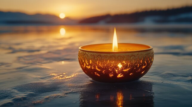 Golden candle bowl on frozen lake at sunset
