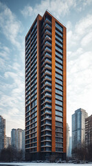 Fototapeta premium modern high rise building with striking orange facade against cloudy sky