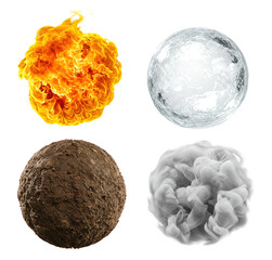Fire ball, water ball, earth ball and air ball, 4 elements, PNG isolated