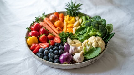 Bowl of rainbow vegetables and fruits including tomatoes and spinach