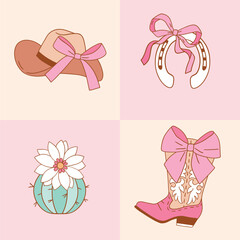 Set of western cowgirl accessory. Hand drawn vector girly rodeo clipart. Perfect for tee shirt logo, greeting card, poster or nursery print design. EPS 10 vector file.