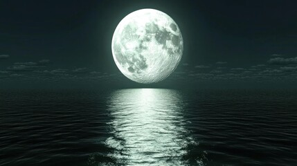 Full luminous moon reflecting on a calm ocean's surface at night.