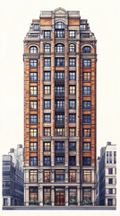 Fototapeta premium detailed illustration of high rise building with classic architectural style, featuring large