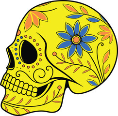 Sugar skull icon. Mexican festive decorated skeleton. Traditional ornament of marigolds. Day of the Dead concept. 