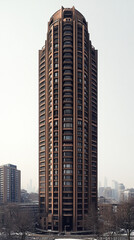 Obraz premium tall building with unique design against light background, showcasing modern architecture